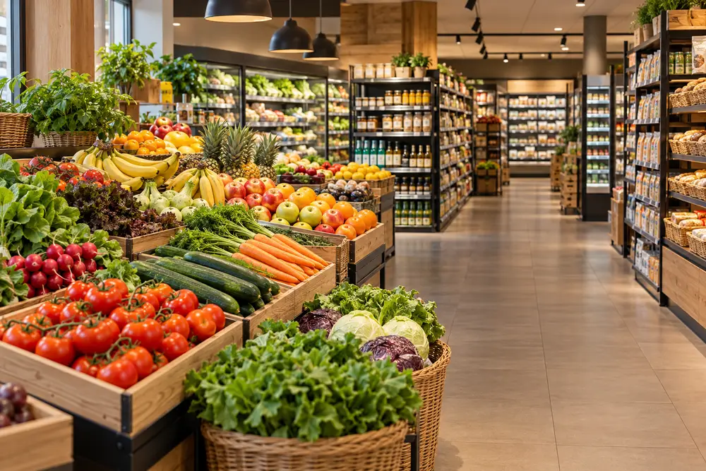 KI-generiertes Symbolbild eines fiktiven Supermarkts; kein realer Betrieb